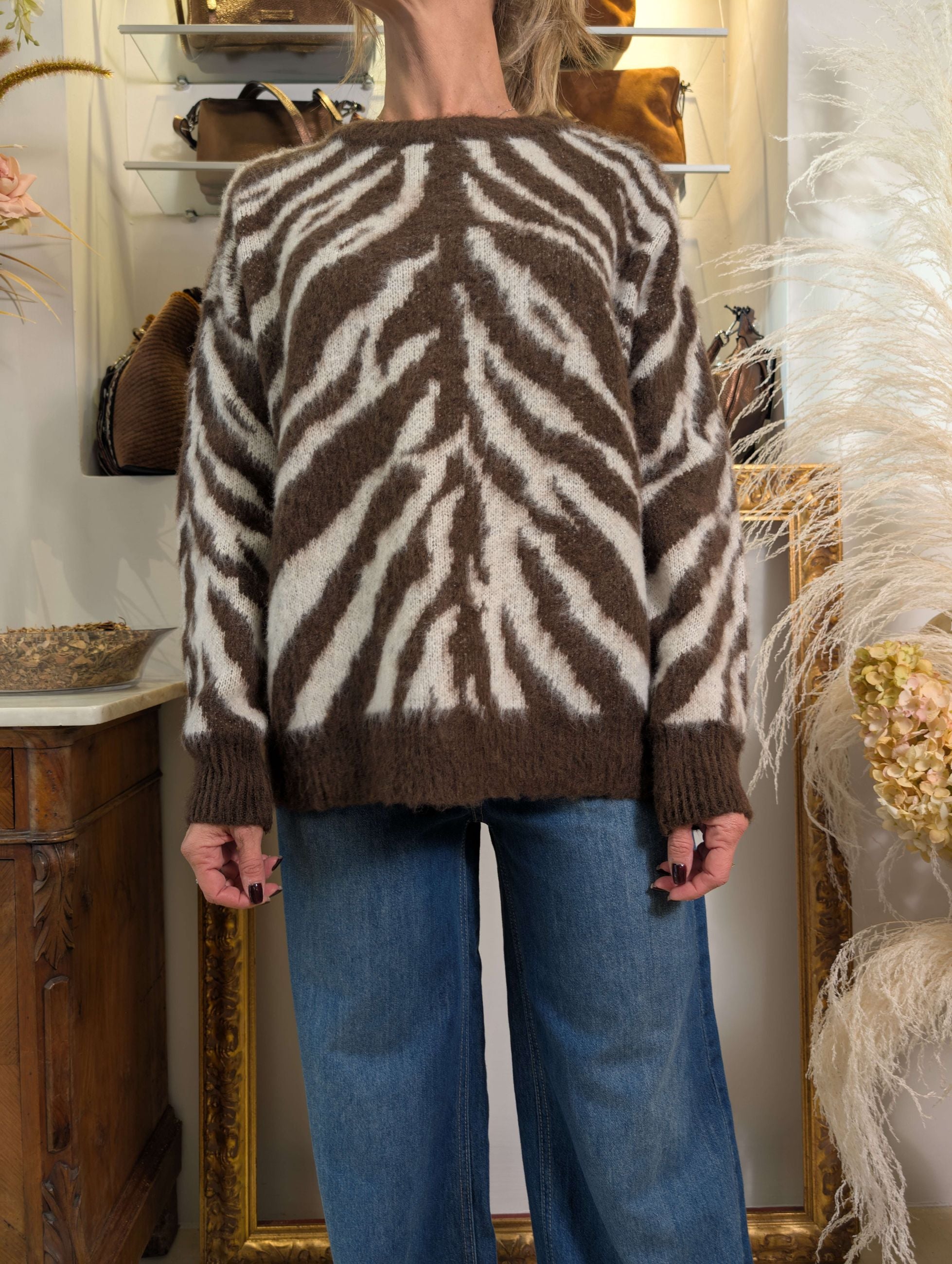 Maglia jacquard zebra marrone su fondo panna - HAVE ONE