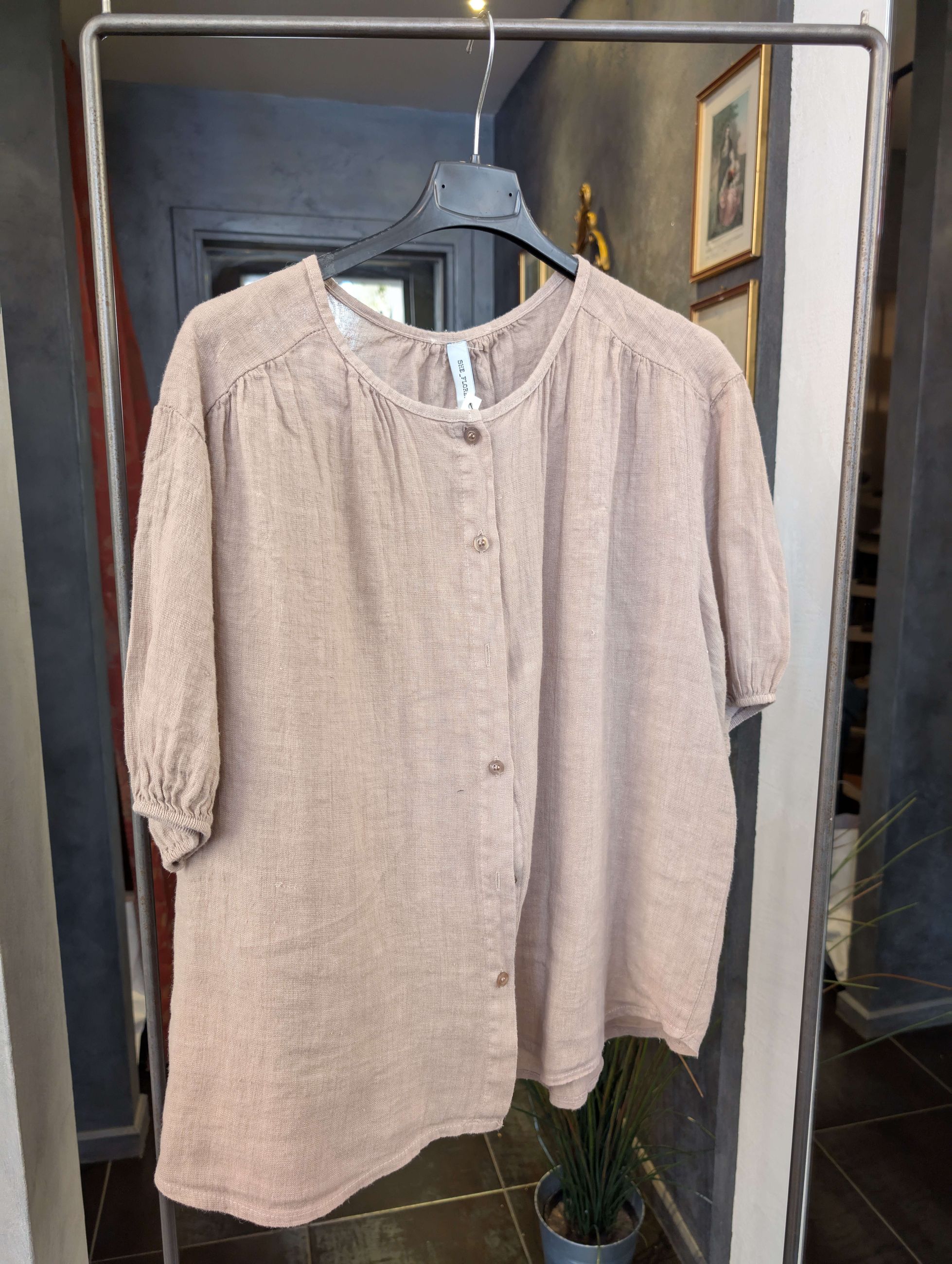 Camicia Ampia in Lino con Collo alla Coreana -