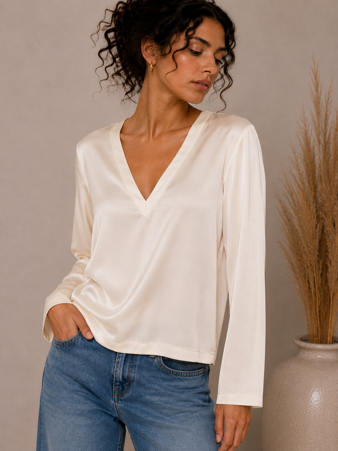Satin V-Neck Blouse - SHE_FLORENCE_LAB