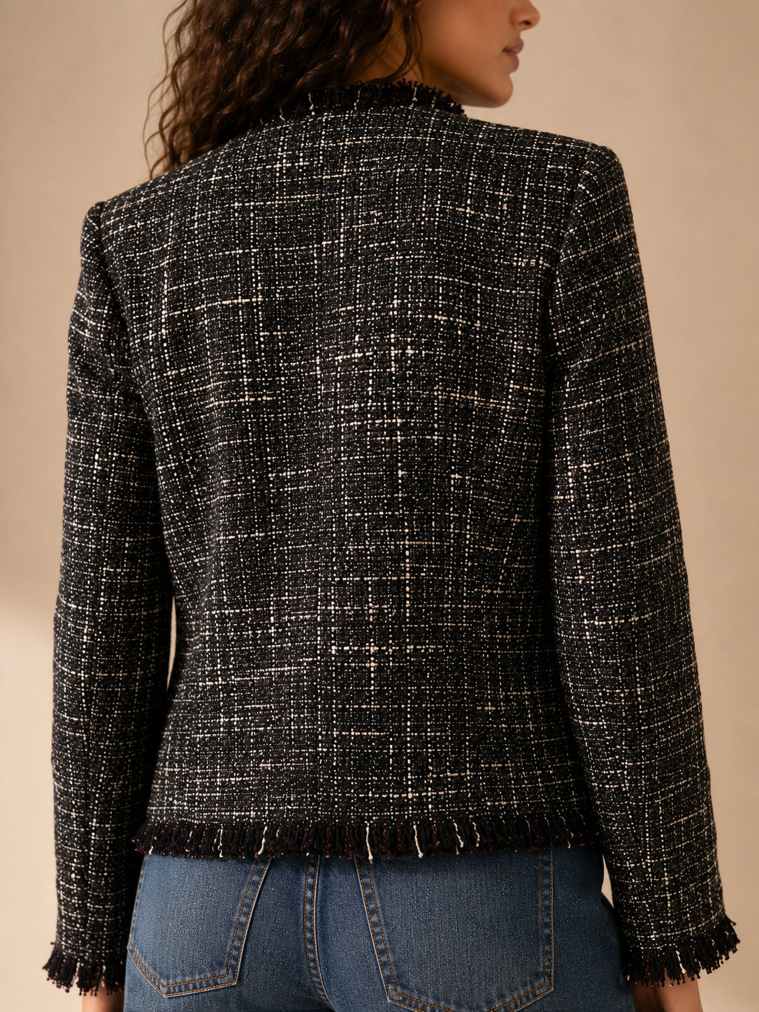 Giacca tweed con bottoni gioiello e gros grain - .SOLO TRE
