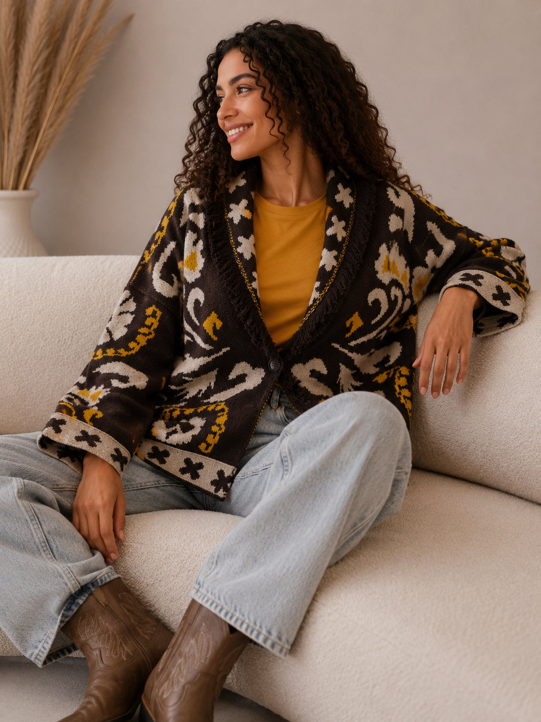 Cardigan jacquard sfrangiato con collo sciallato - VICOLO