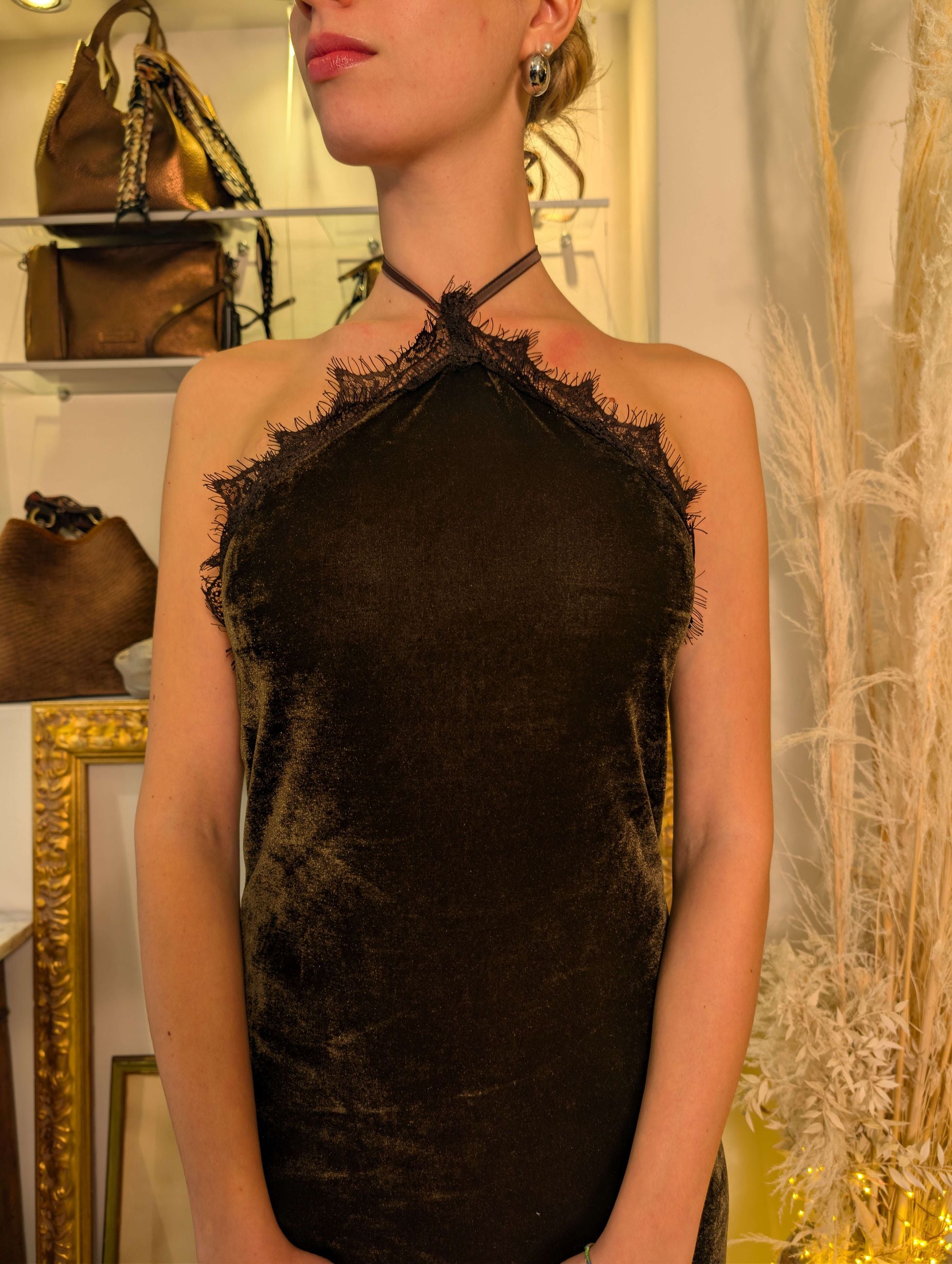 Maxi dress in velluto brown con inserti in pizzo tonale - HAVE ONE