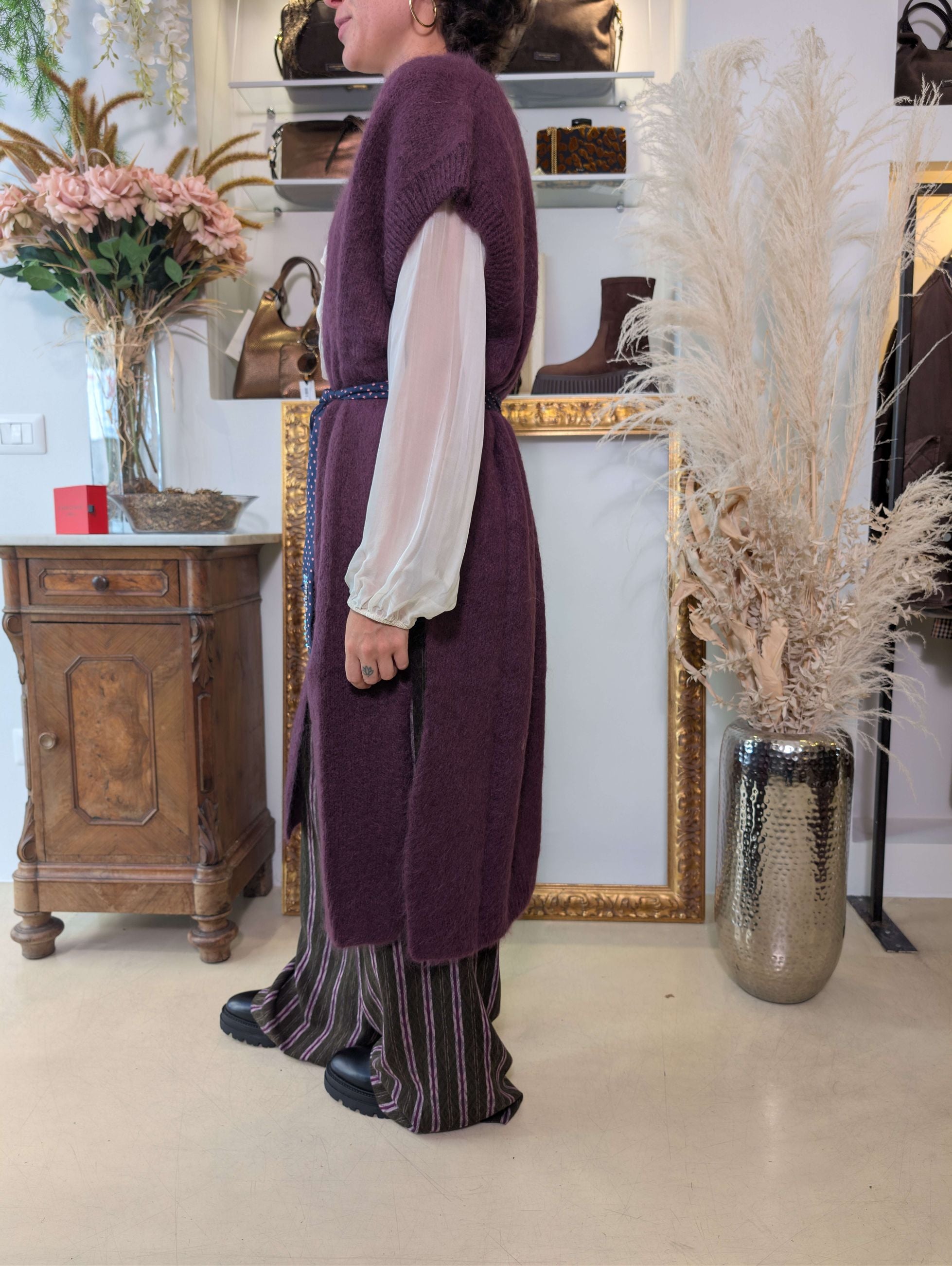 Gilet lungo in mohair con cravatta vintage e strass - DIXIE
