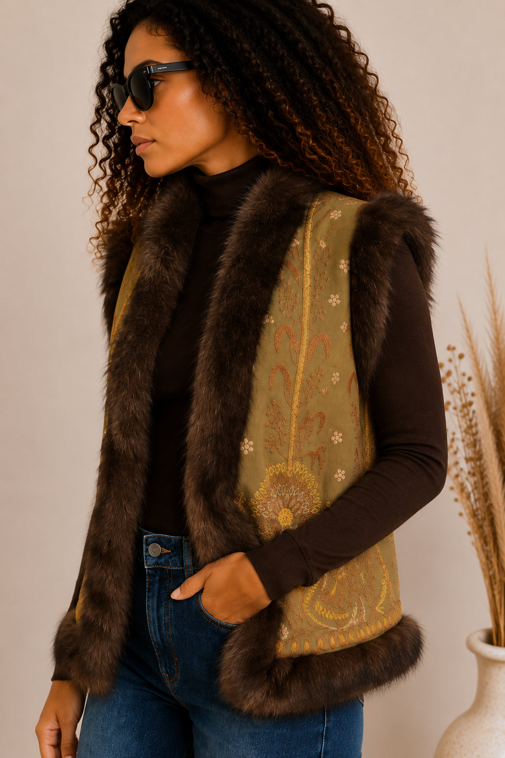 Gilet in Canvas Ricamato con Faux Fur - DIXIE