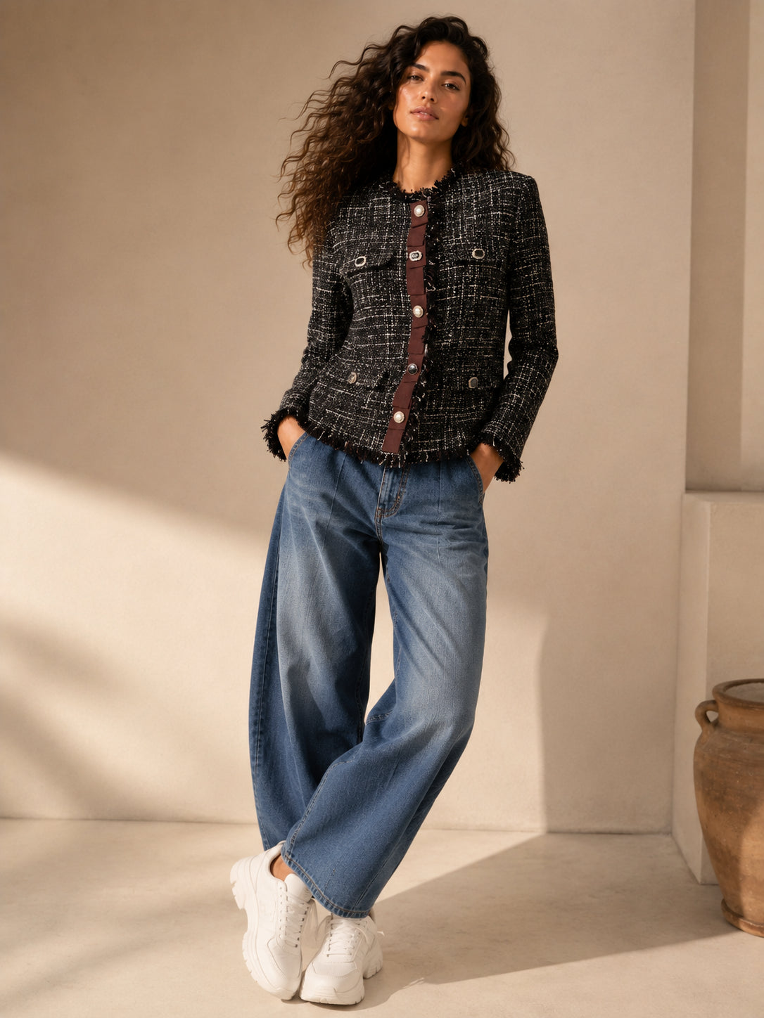 Giacca tweed con bottoni gioiello e gros grain - .SOLO TRE