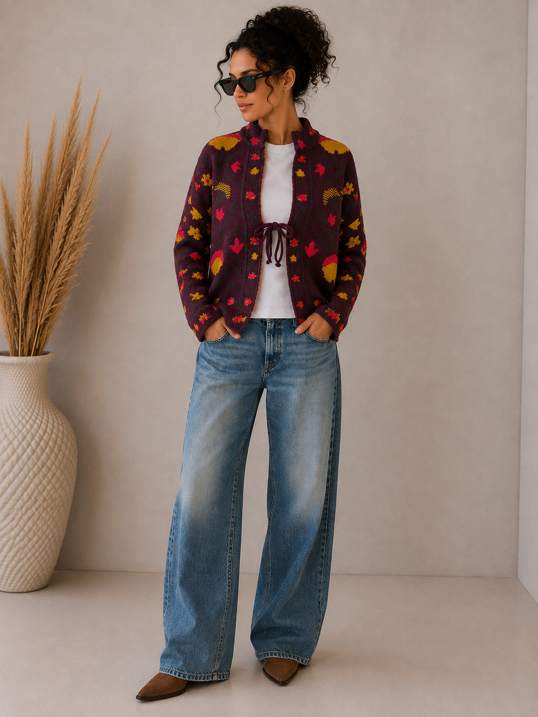 Cardigan jacquard fantasia foglie - VICOLO