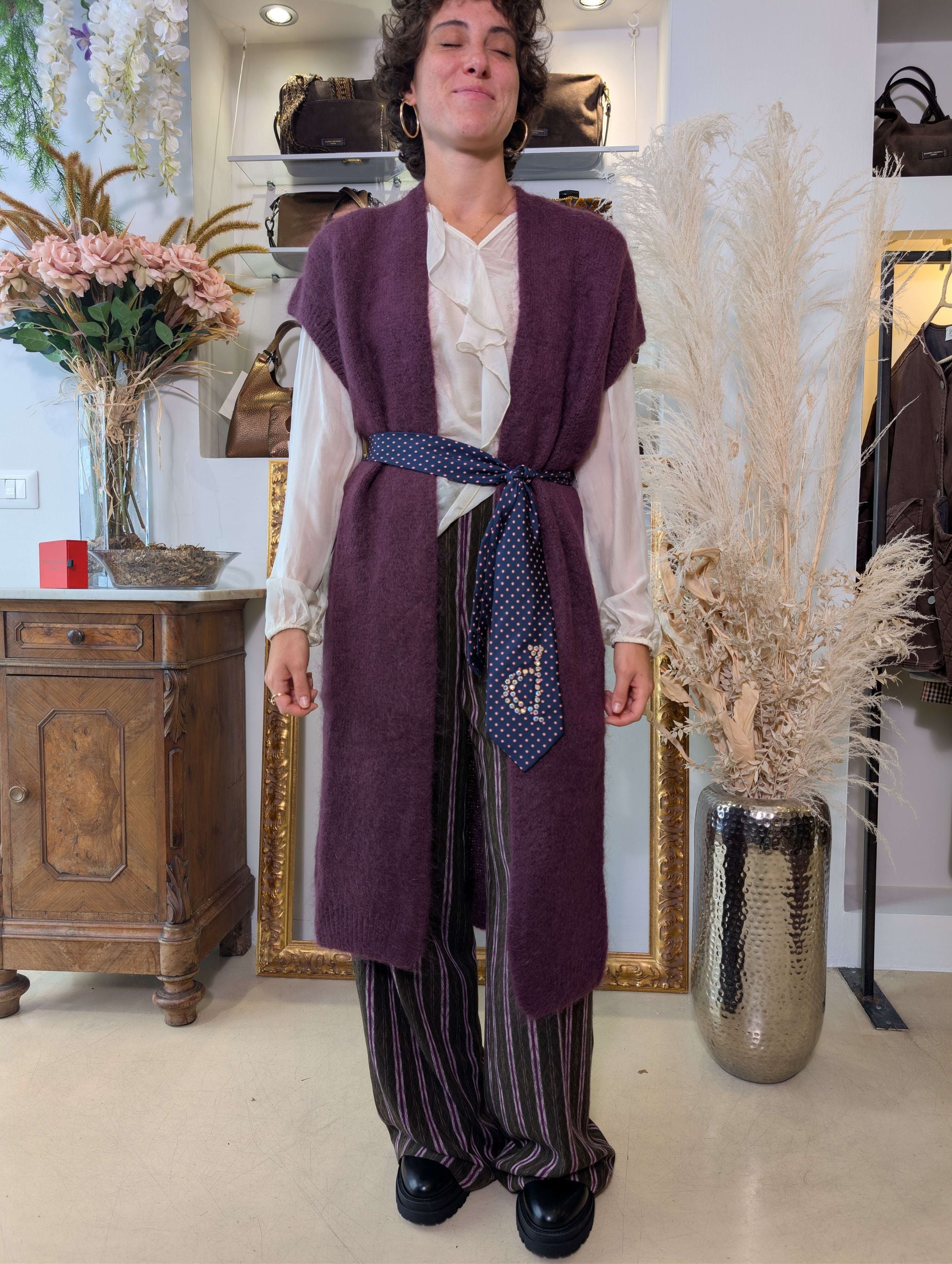 Gilet lungo in mohair con cravatta vintage e strass - DIXIE