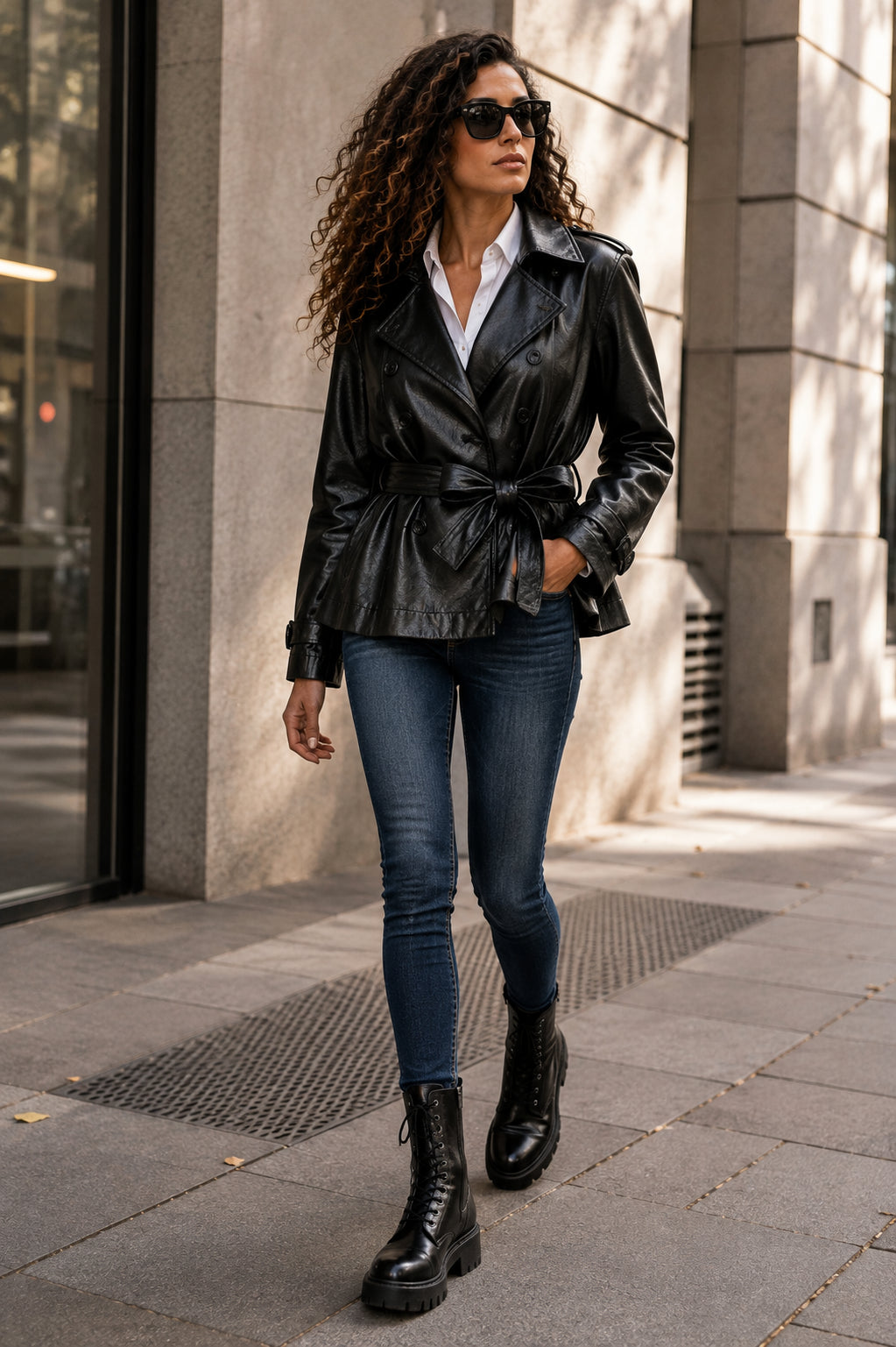Giacca Trench in Pelle Sintetica Nera con Cintura - DIXIE