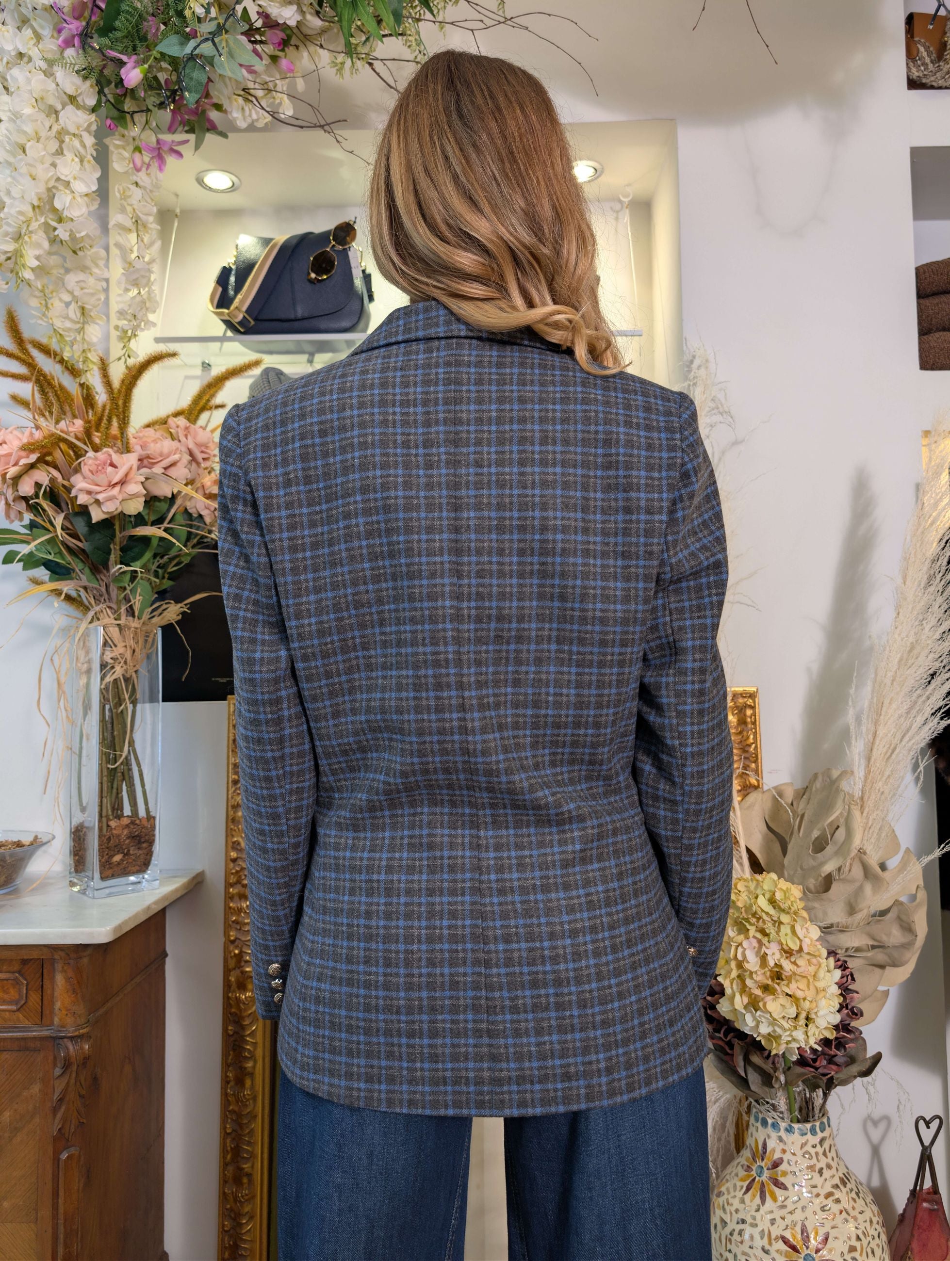 Giacca doppiopetto check con spille multicolor - TENSIONE IN