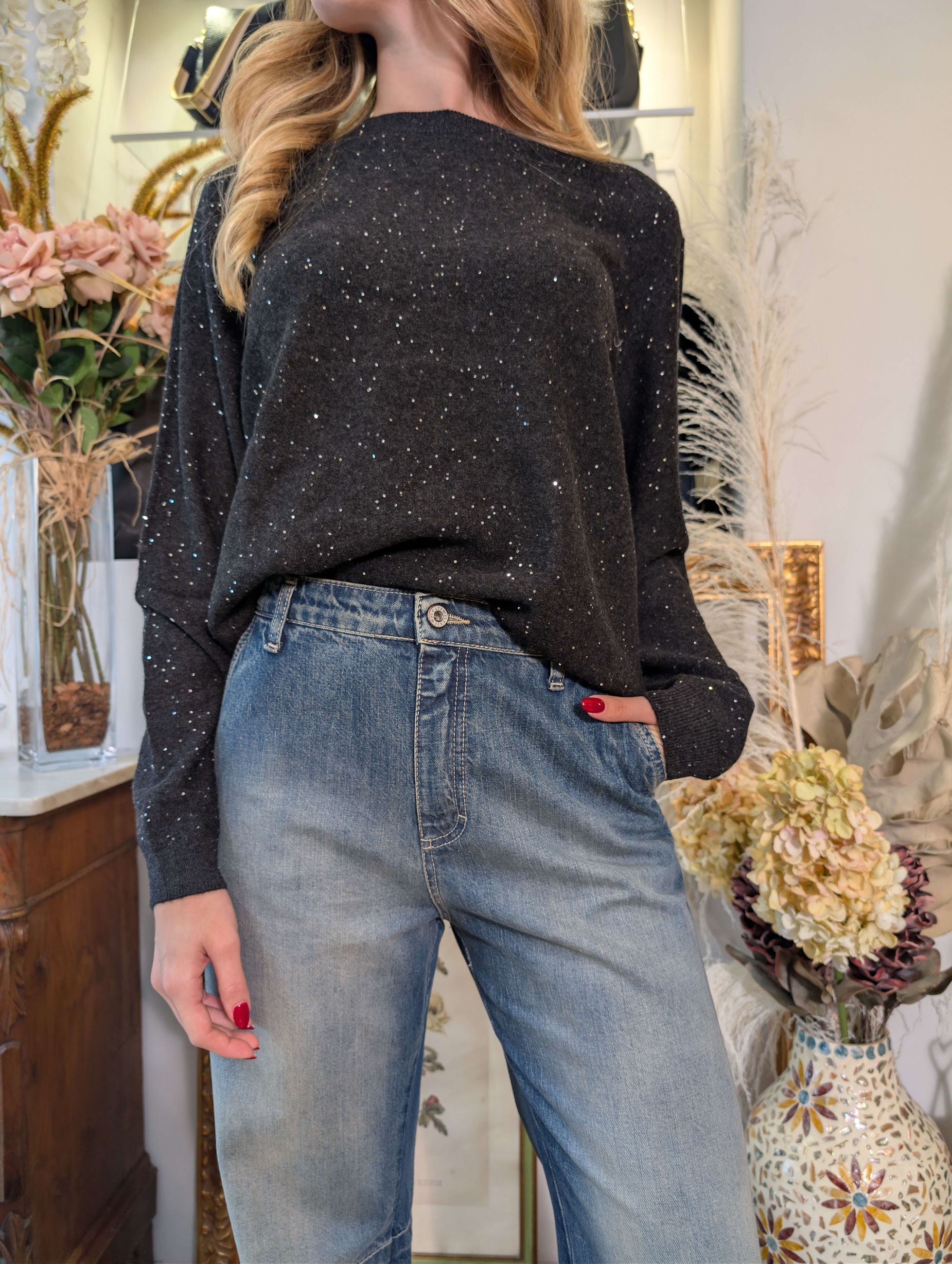 Maglioncino girocollo in cashmere con micropaillettes - SHE_FLORENCE_LAB