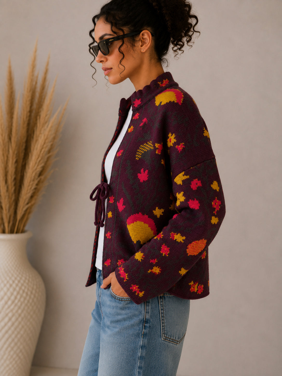 Cardigan jacquard fantasia foglie - VICOLO
