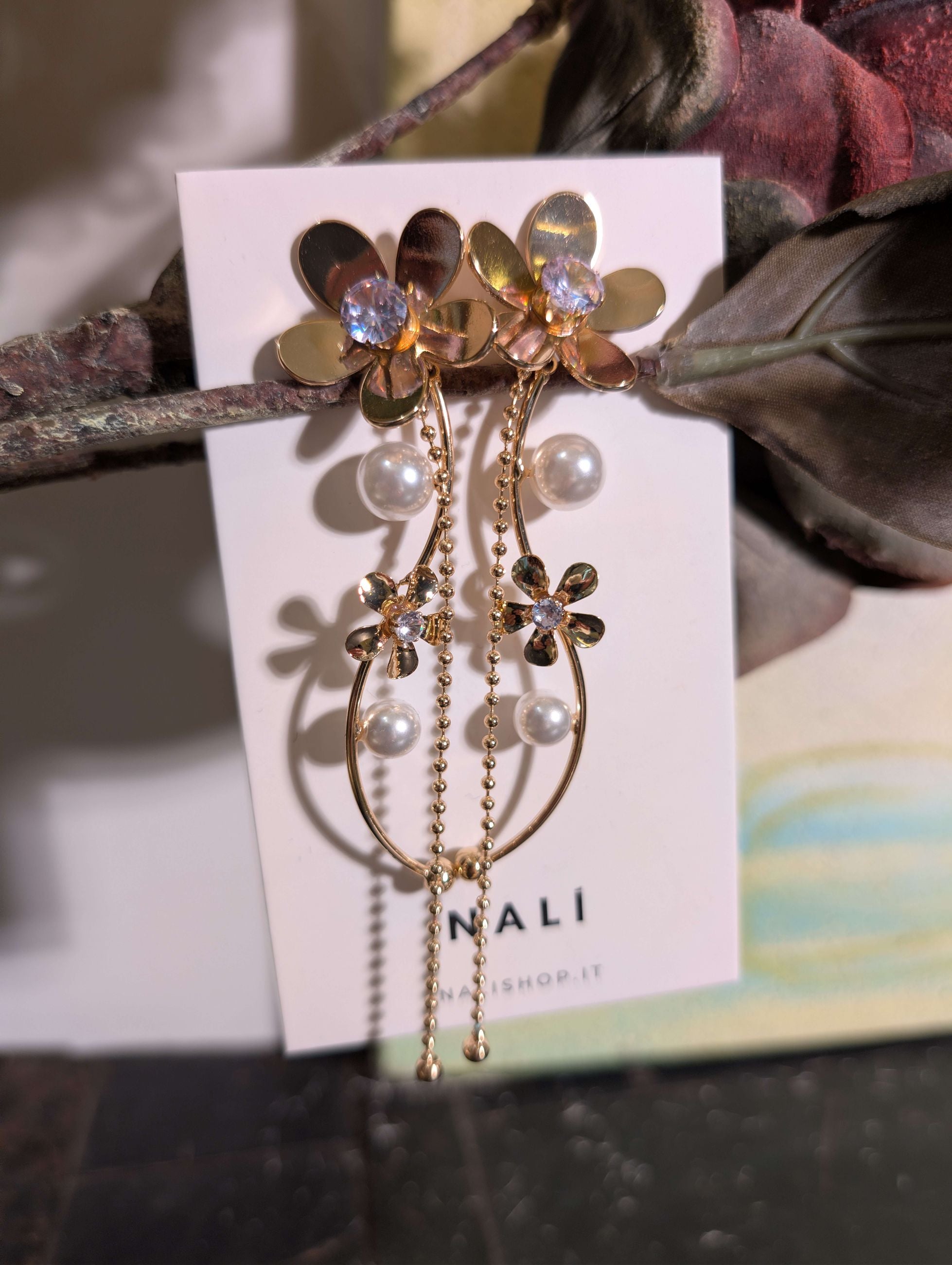 ORECCHINI PENDENTI FLOWERS CON PIETRE ORO - NALI'