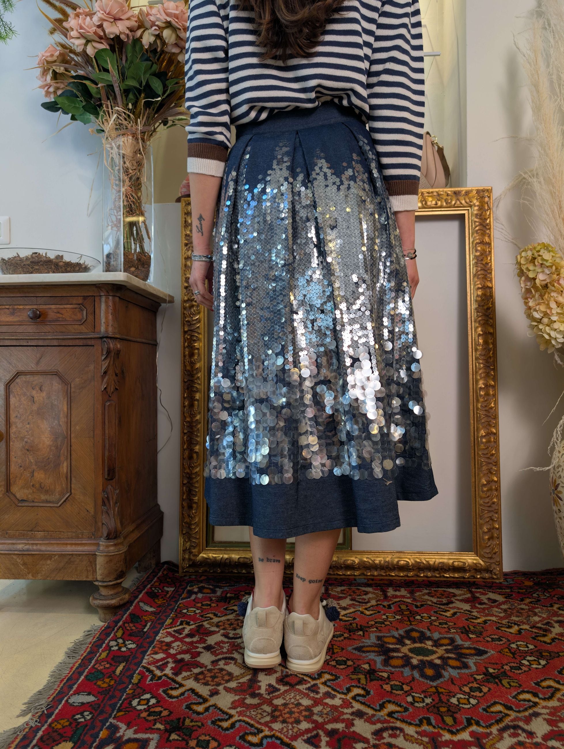 Gonna denim couture con paillettes ricamate - DIXIE