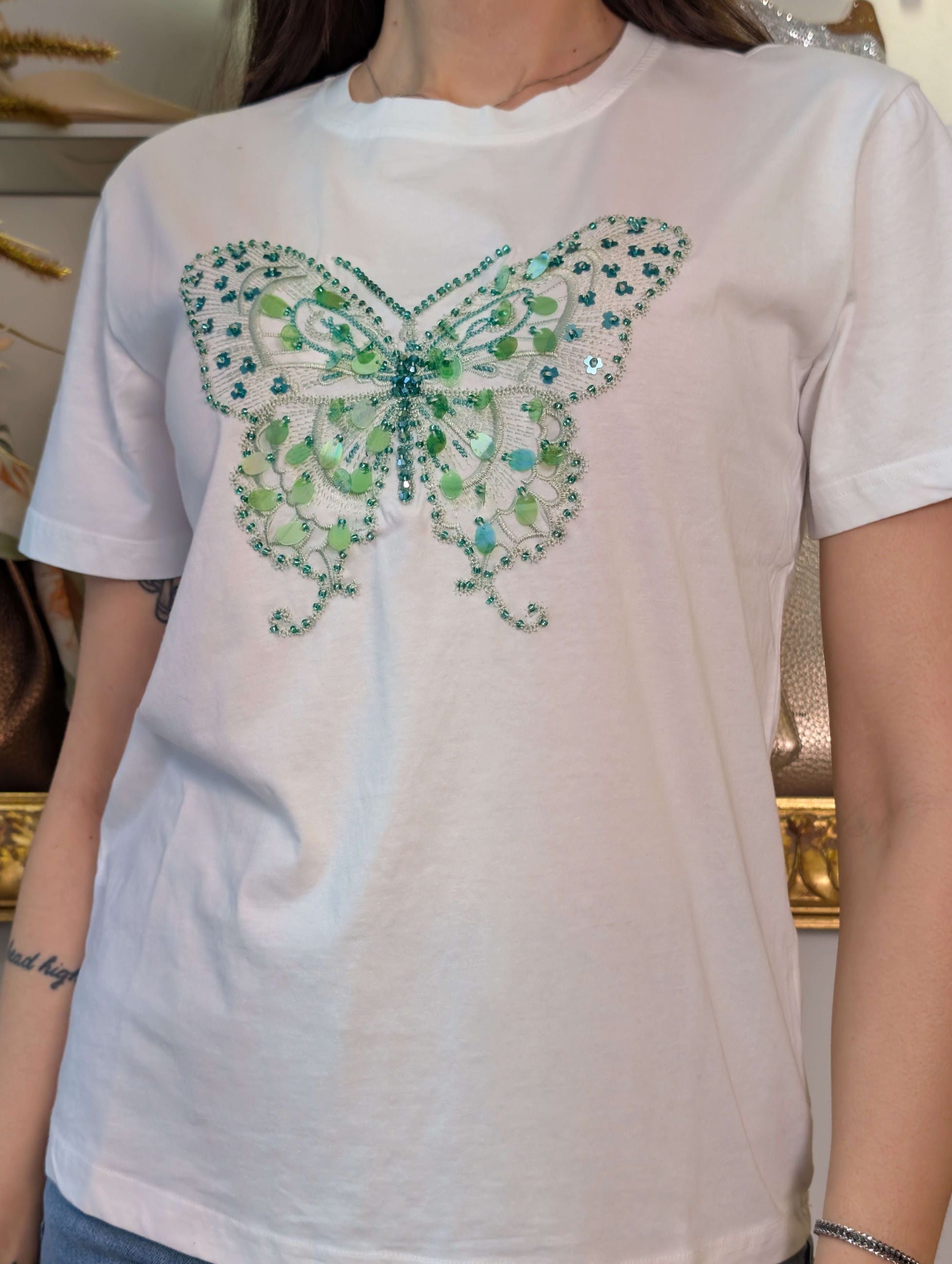 T-shirt ricamo green butterfly - Sandro Ferrone